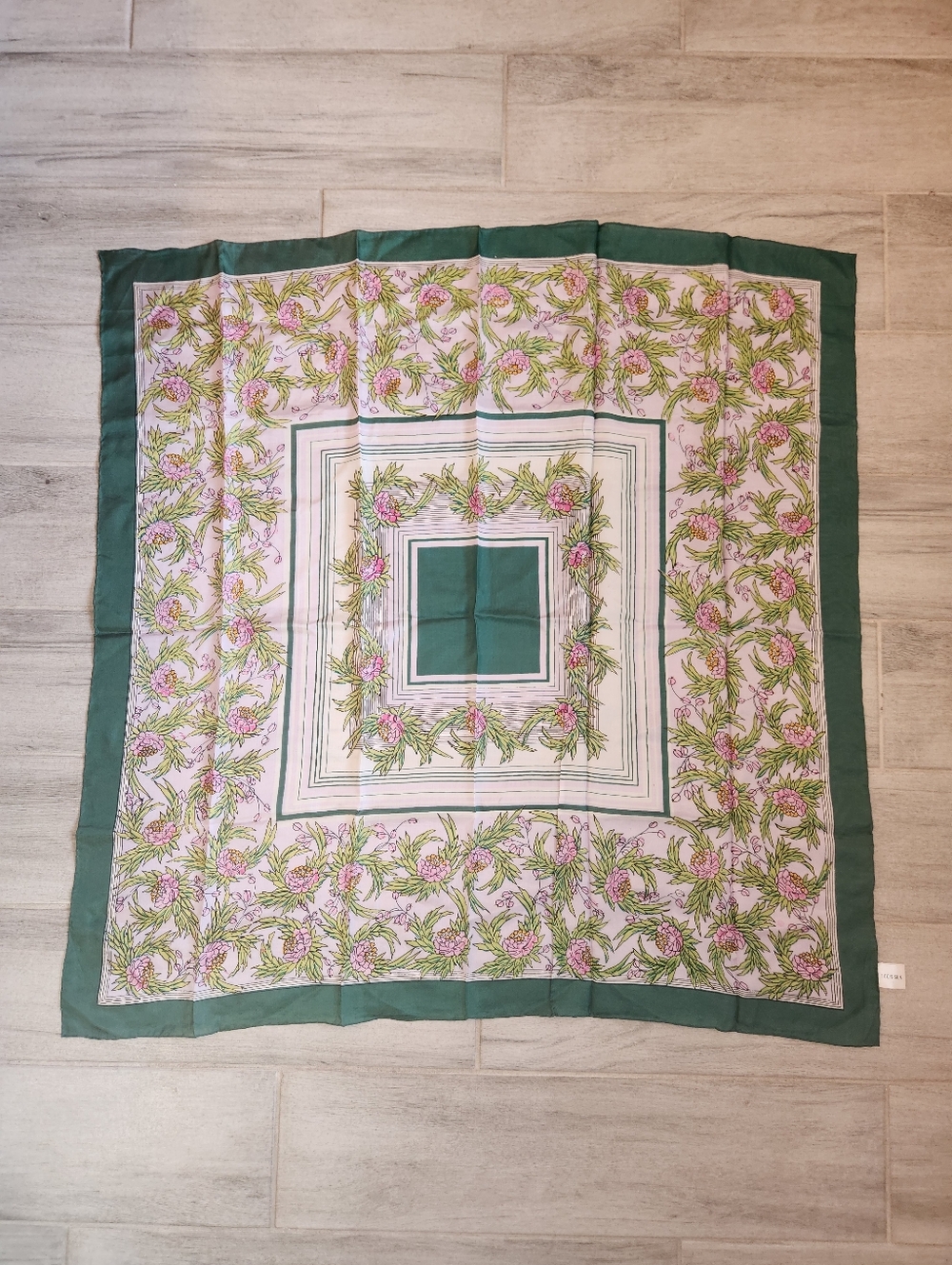 Vintage Scarf Pink Green Floral 100% Silk Square Panels Framed Carre Handrolled
